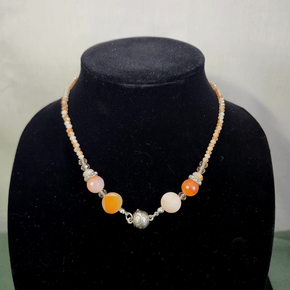 Boho Beaded Statement Necklace Faux Amber Gem Earthy Orange Pink Magnet Clasp‎
